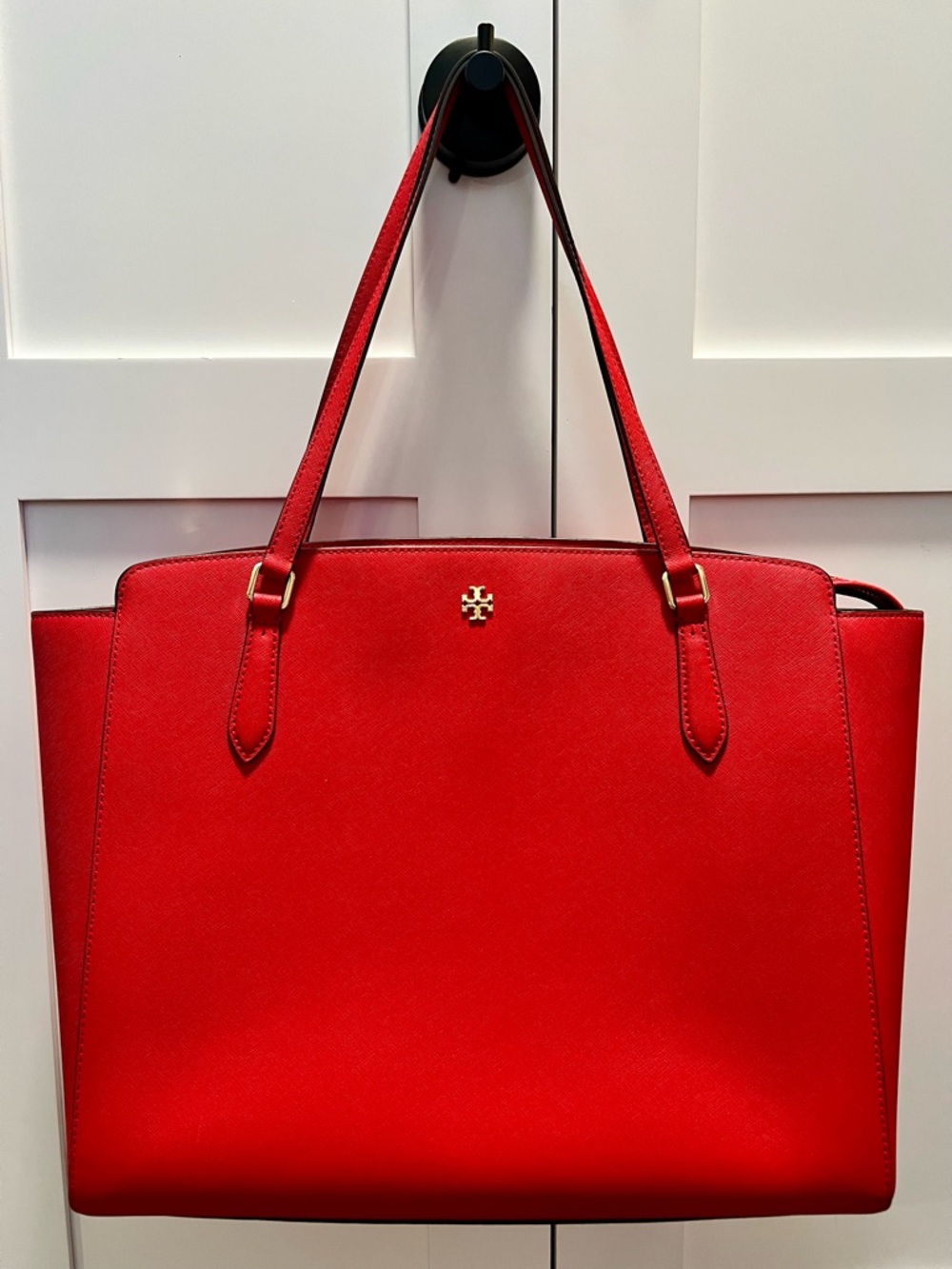 ⭐️ Tory Burch Red Saffiano Leather Tote Bag Large Zip Top Work Bag